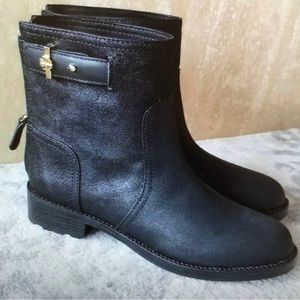 Tory Burch Selena Black Suede Ankle Moto Boot Bootie Zip Gold Hardware